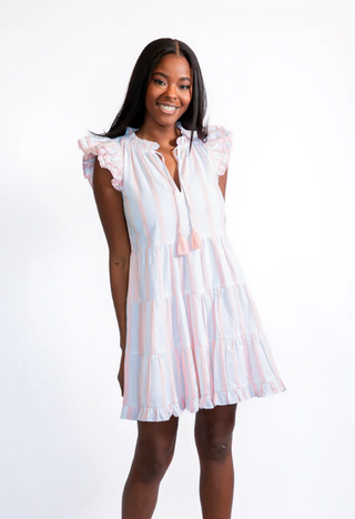 Smocked Flutter Strap Dress-Pink/White Stripe