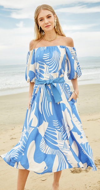 Off-Shoulder Flared Midi - Blue Deco