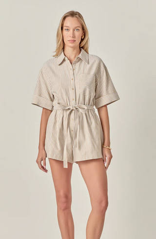Stripe Oxford Fabric Romper - Tan Stripe