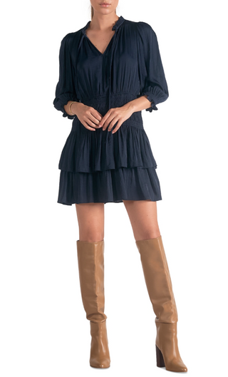 3/4 Sleeve Smocked Dress - Navy