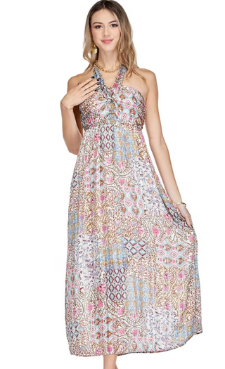 Tie Neck/Tie Bow Maxi Dress - Budding Vines