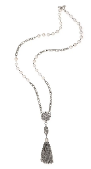 35" White Pearl and Honfleur chain with silver Rivet hoop featuring Abeille medallion, Cuve pendant and medium tassel dangle