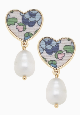 Victoria Vintage Floral Pearl Heart Earrings - Blue