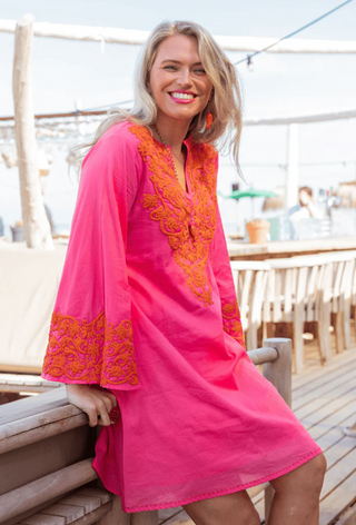 Short Dress - Hot Pink and Hot Orange Embroidery