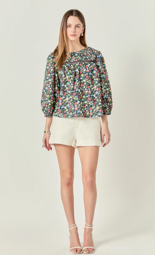 Floral Print Pintuck Detail Top