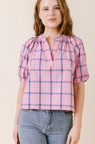 Henley Blouse - Pink Plaid