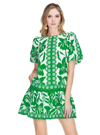 Puff Sleeve Flounce Dress - Emerald Green