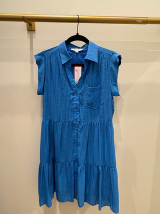 Pocket Tiered Shirt Dress- Turq