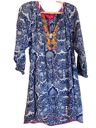 Short Dress - Blue White Flower Embroidery